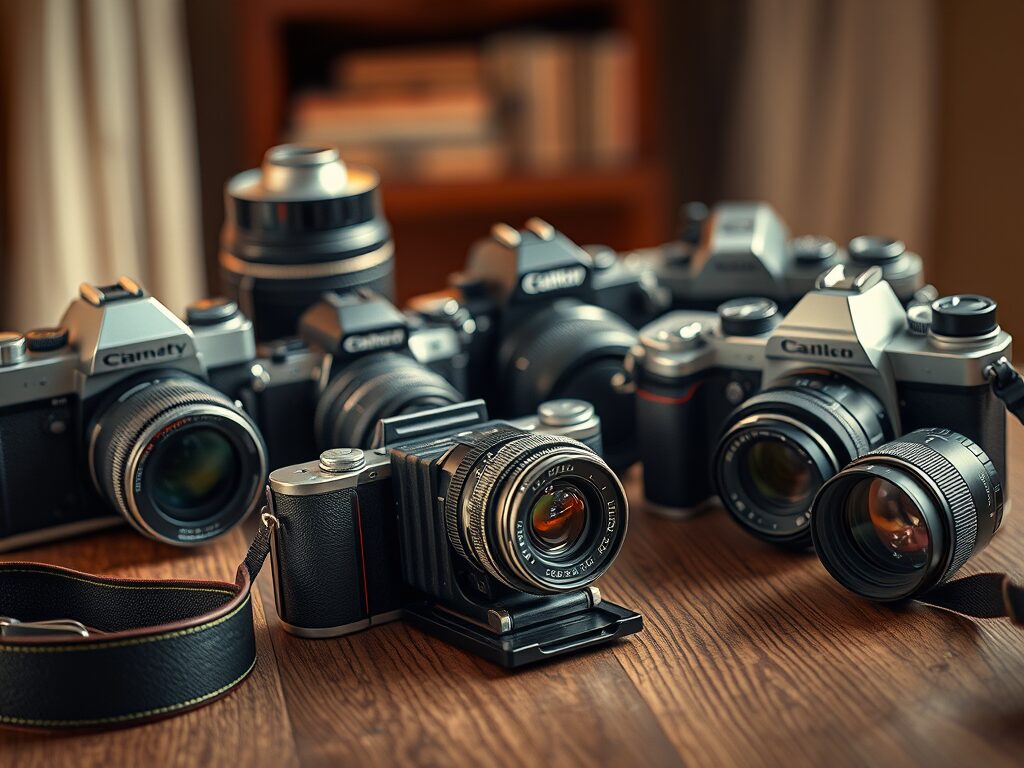 a group of cameras sitting on top of a wooden table